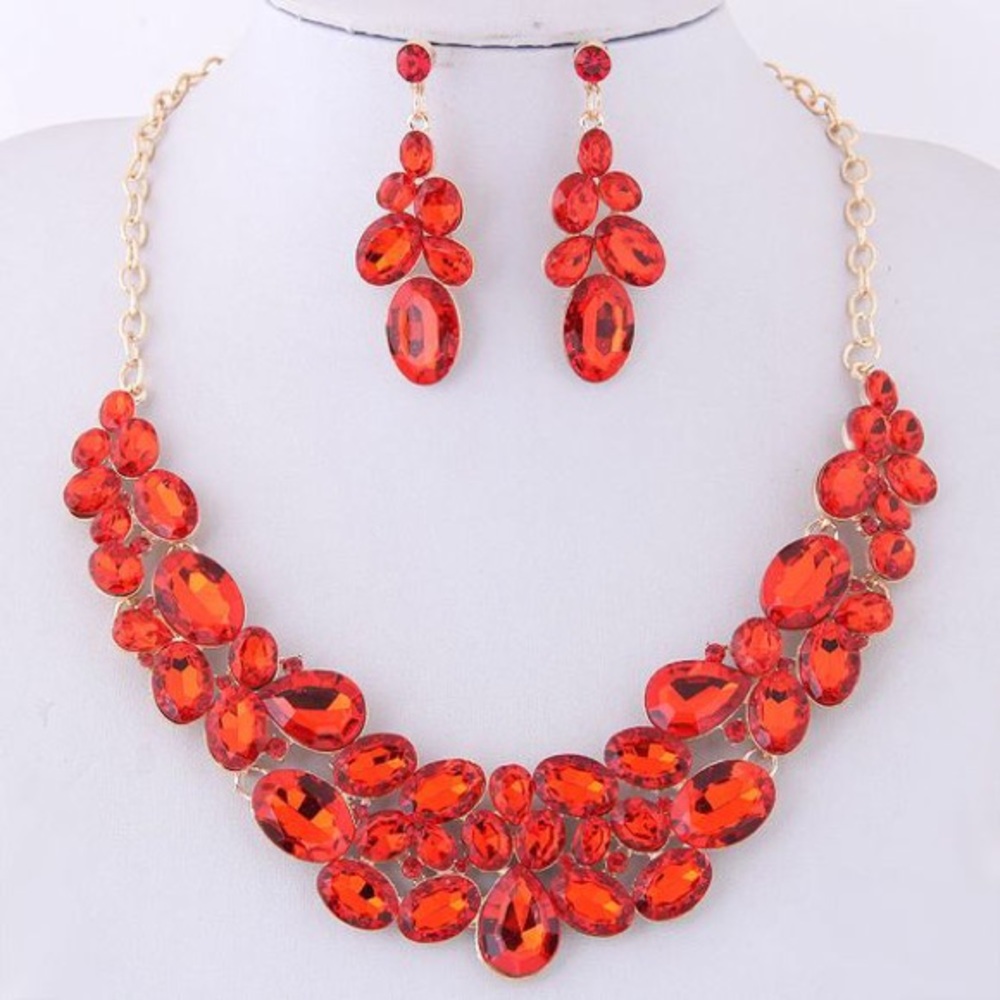Red Rhinestone Alloy Gold Necklace Set